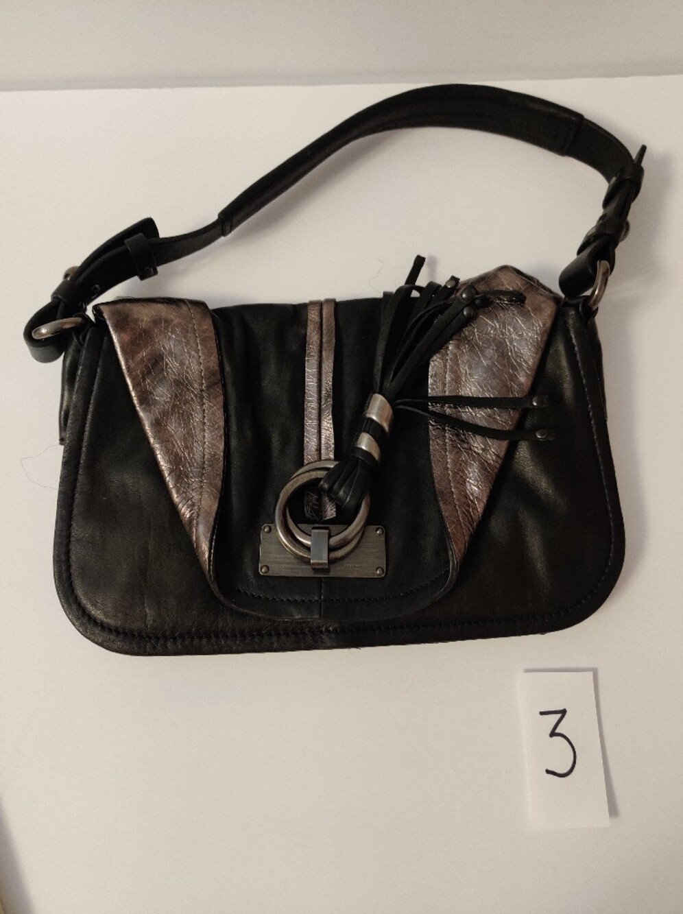 Francesso Biasia Black Leather Shoulder Bag with Metallic Accent